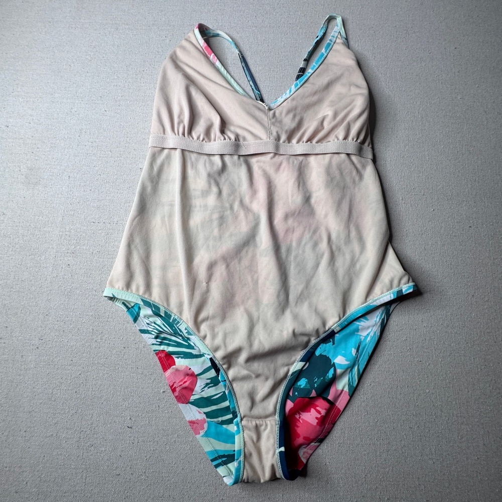 Kona Sol Womens XL Tropical Floral One Piece Swimsuit Teal Pink VNeck Cross Back - Picture 5 of 9